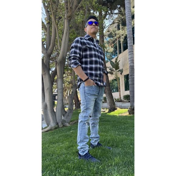 METALLICA Damaged Justice 90s Upcycled Retro Vintage Plaid Flannel Shirt Men’s L - Picture 2 of 9